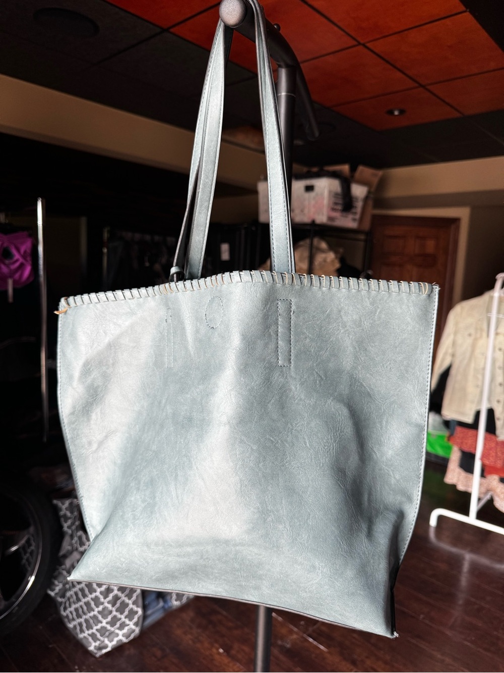 New 3 in 1 Light Blue Faux Leather Tote Bag Long Shoulder Straps